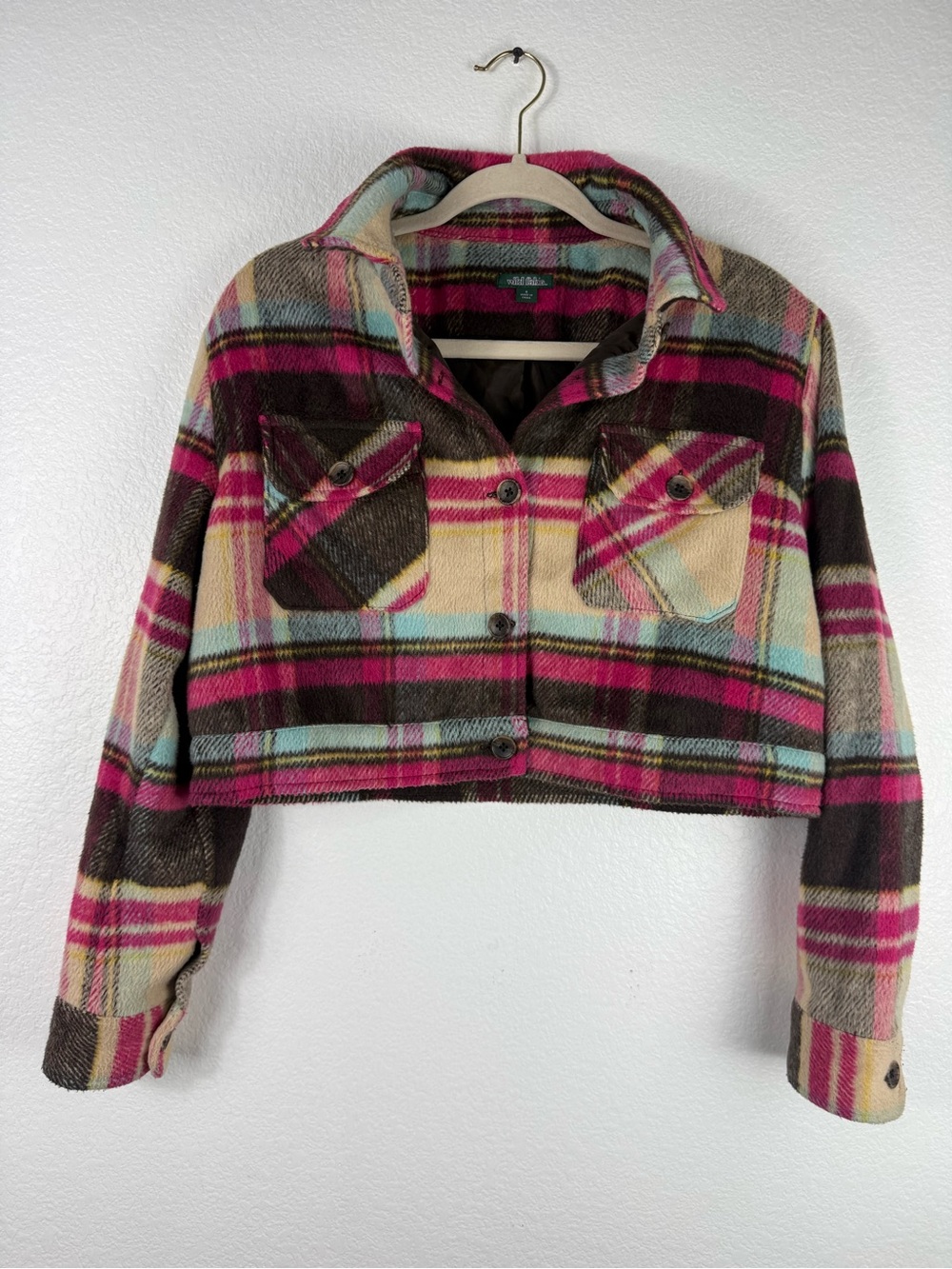 Wild fable Cropped Plaid Shacket in Pink, Brown & Cream size S